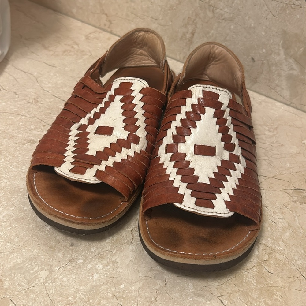 Brown and White Woven Sandals